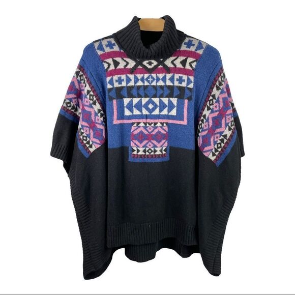 𝅺CYNTHIA Rowley Alfani Aztec Wool Blend Turtleneck Poncho Size XL - Picture 2 of 5